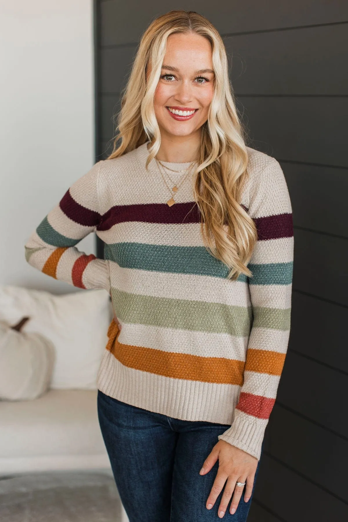 No Hesitations Striped Knit Sweater- Light Taupe