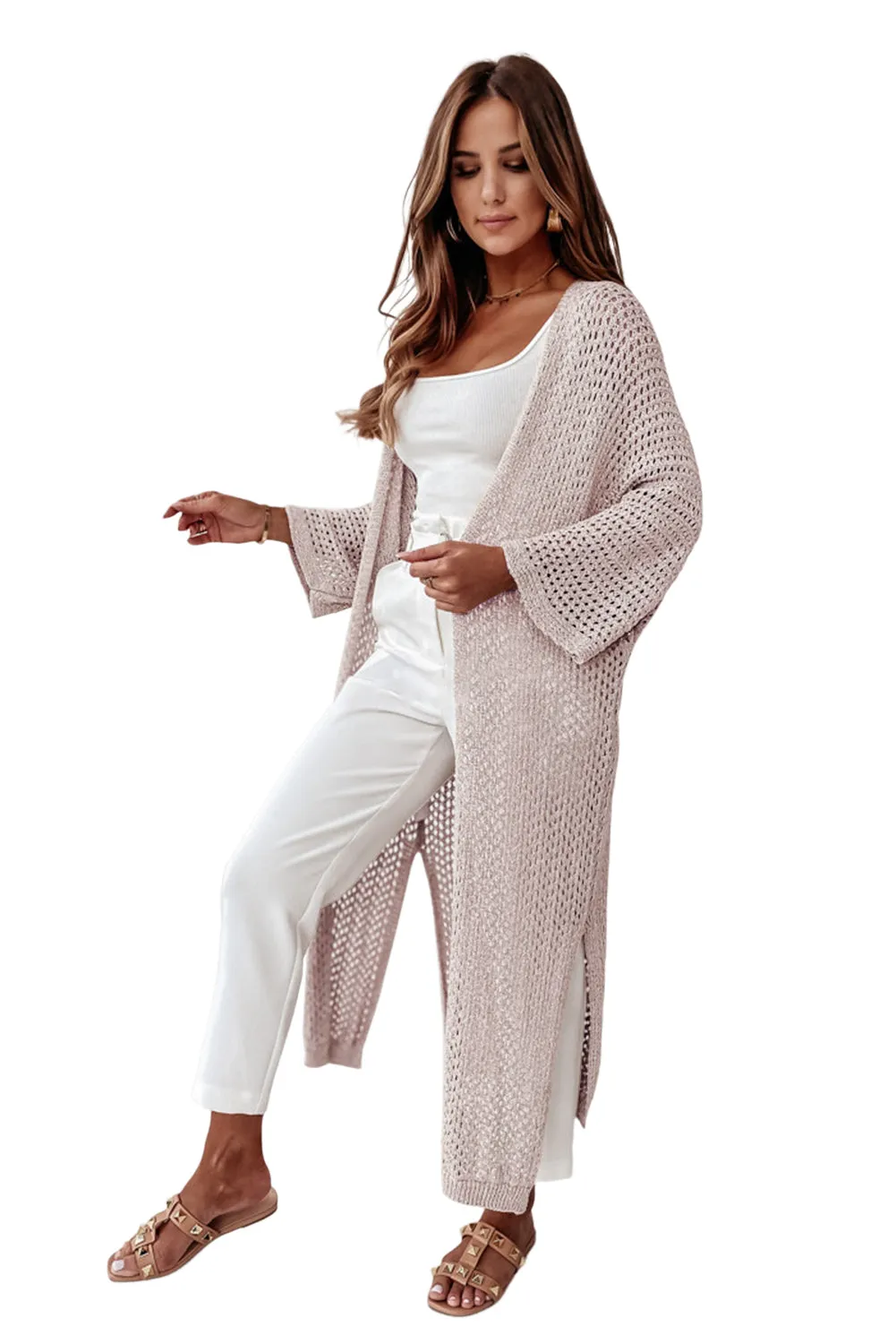 Oatmeal Khaki Hollowed Knit Split Sides Long Sweater Cardigan