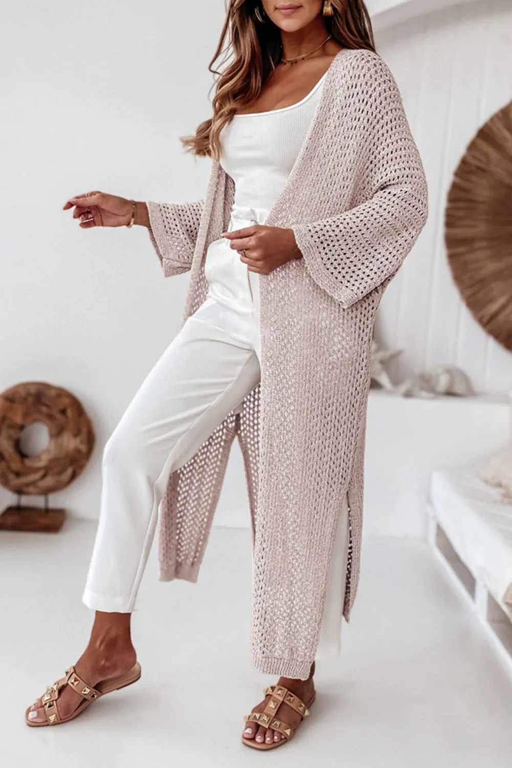 Oatmeal Khaki Hollowed Knit Split Sides Long Sweater Cardigan