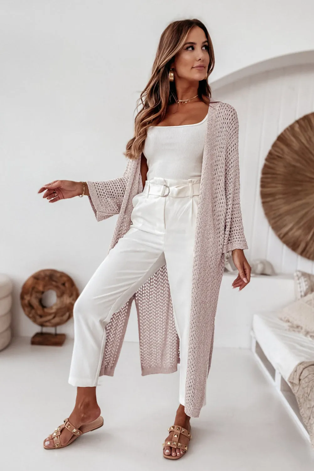 Oatmeal Khaki Hollowed Knit Split Sides Long Sweater Cardigan