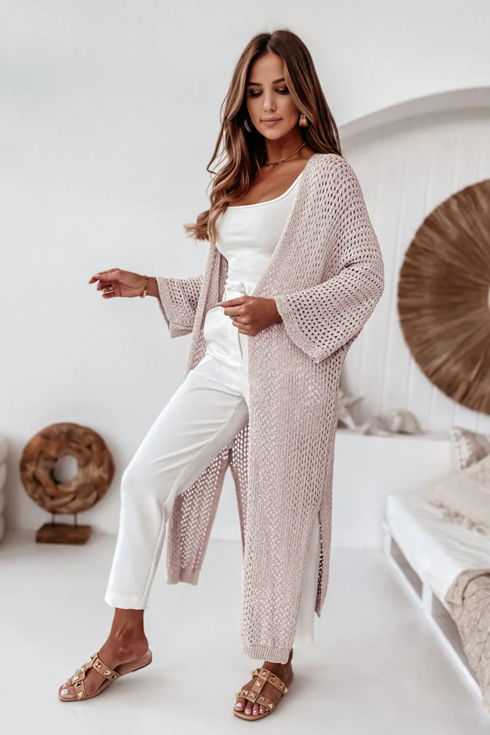 Oatmeal Khaki Hollowed Knit Split Sides Long Sweater Cardigan