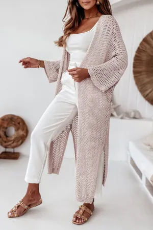Oatmeal Khaki Hollowed Knit Split Sides Long Sweater Cardigan