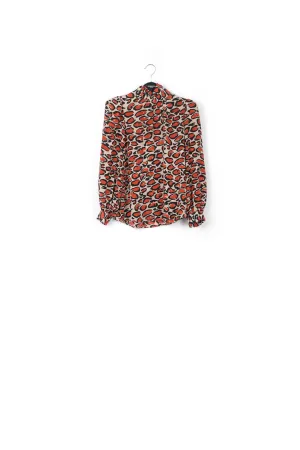 Off-white silk top with stand-up collar and leopard print