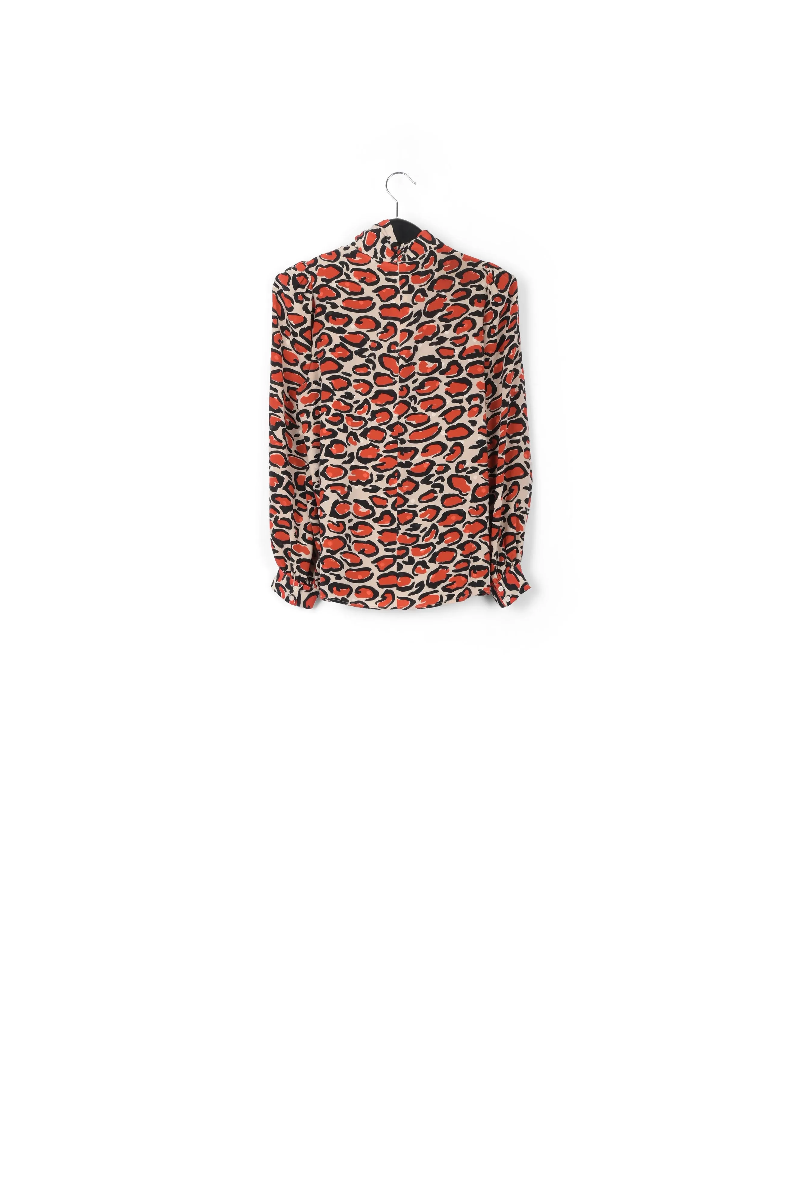 Off-white silk top with stand-up collar and leopard print