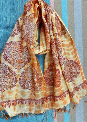 Orange Saga Block Printed Pure Linen Scarf