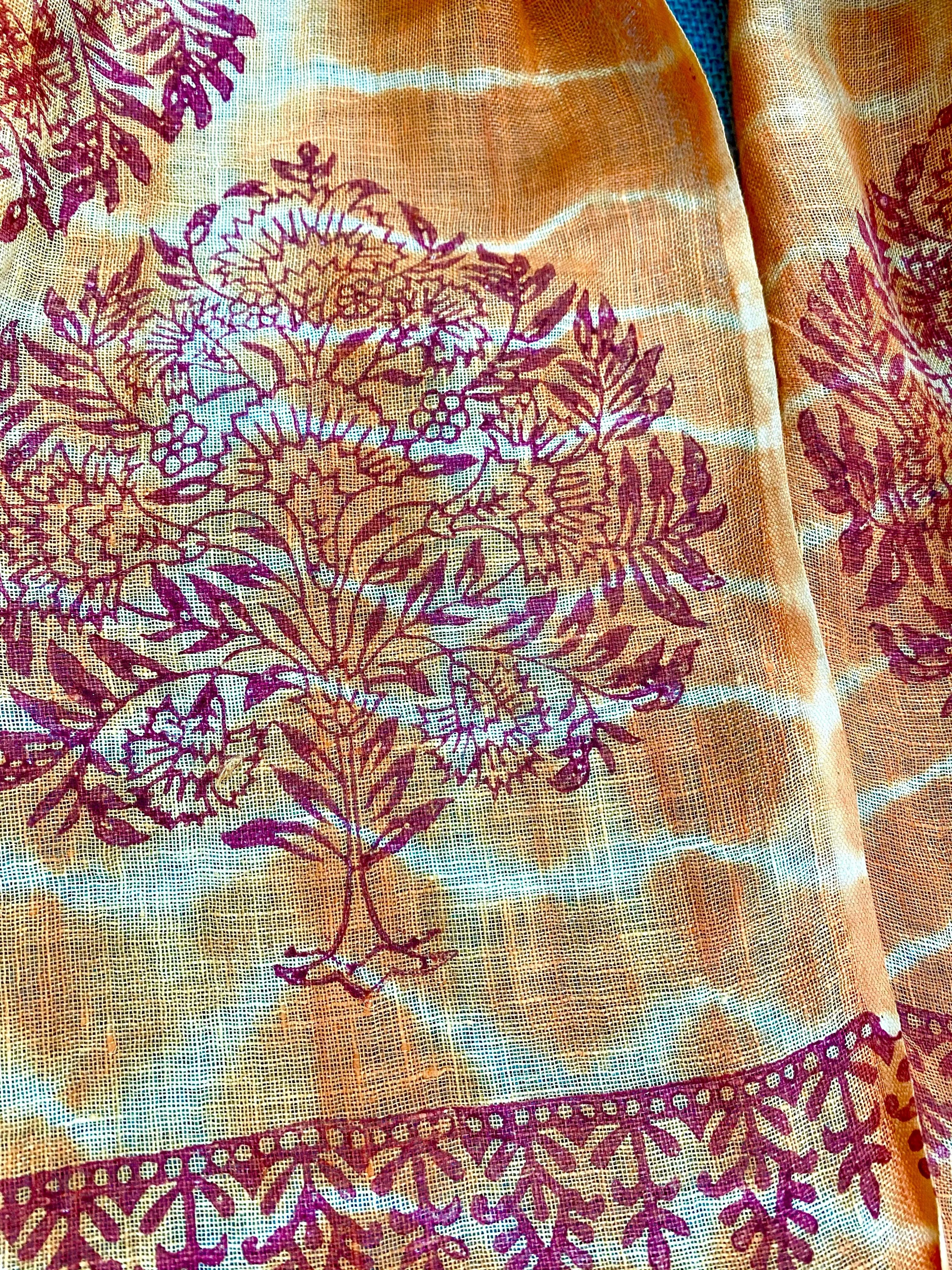 Orange Saga Block Printed Pure Linen Scarf