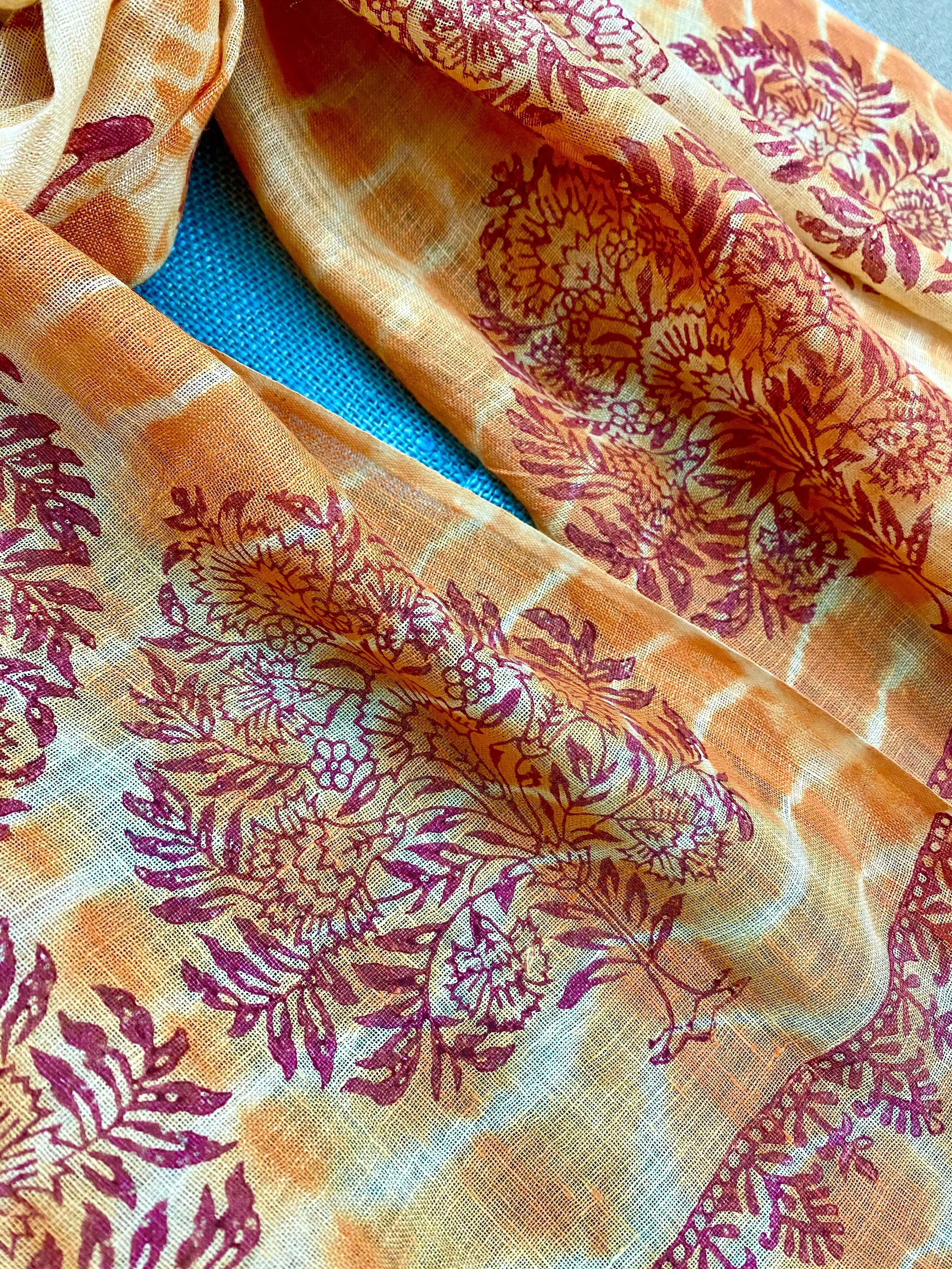Orange Saga Block Printed Pure Linen Scarf