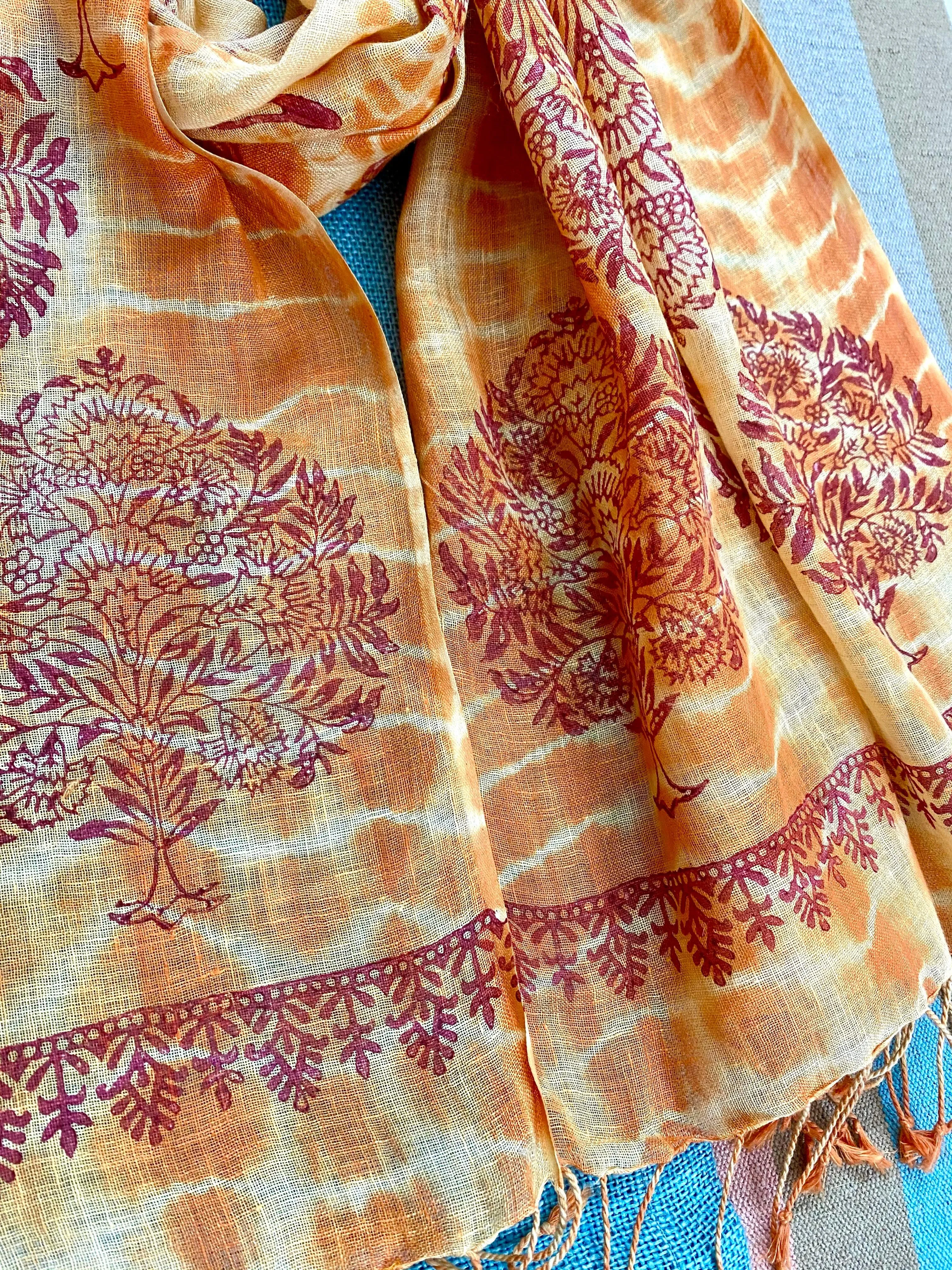 Orange Saga Block Printed Pure Linen Scarf