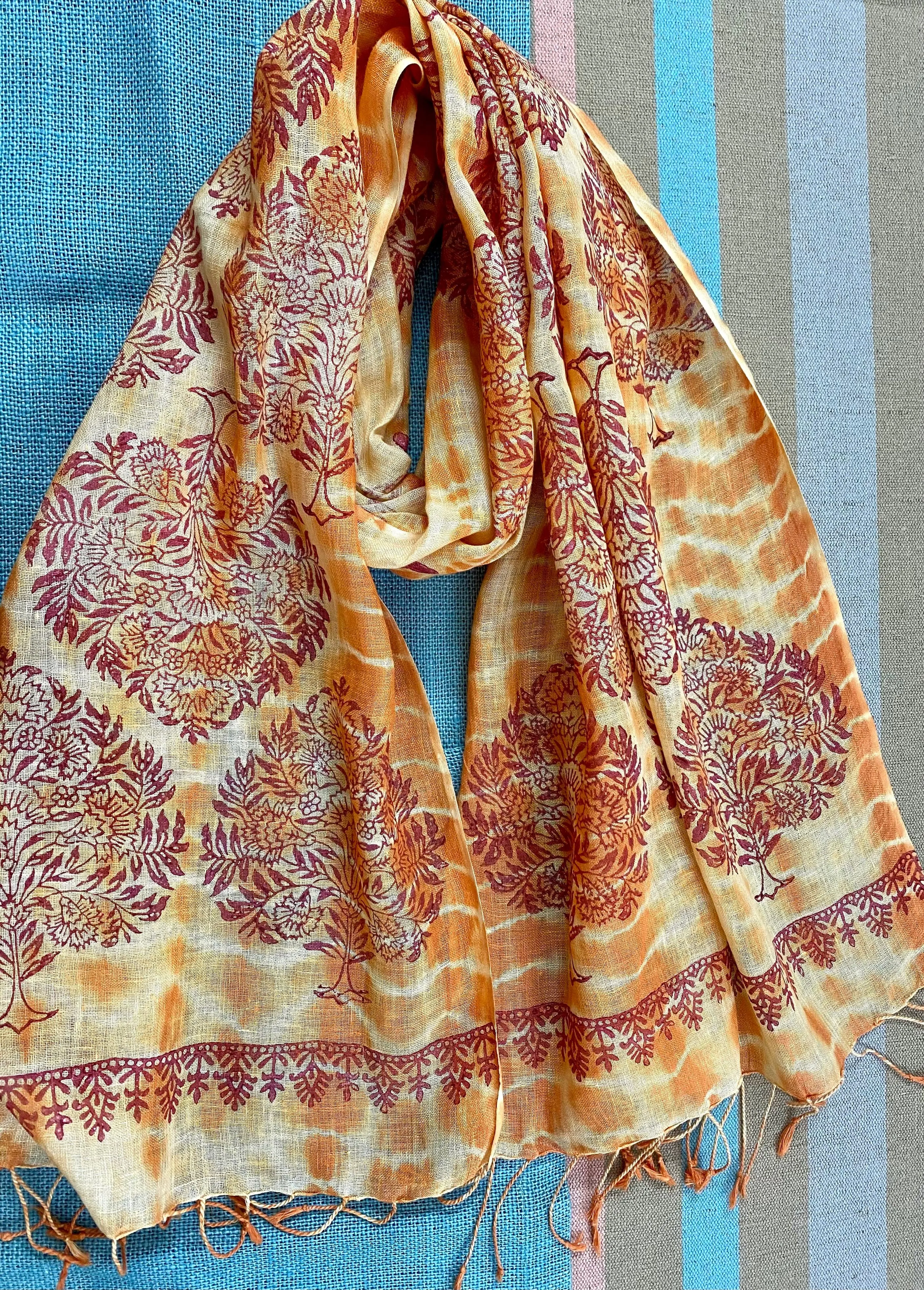 Orange Saga Block Printed Pure Linen Scarf