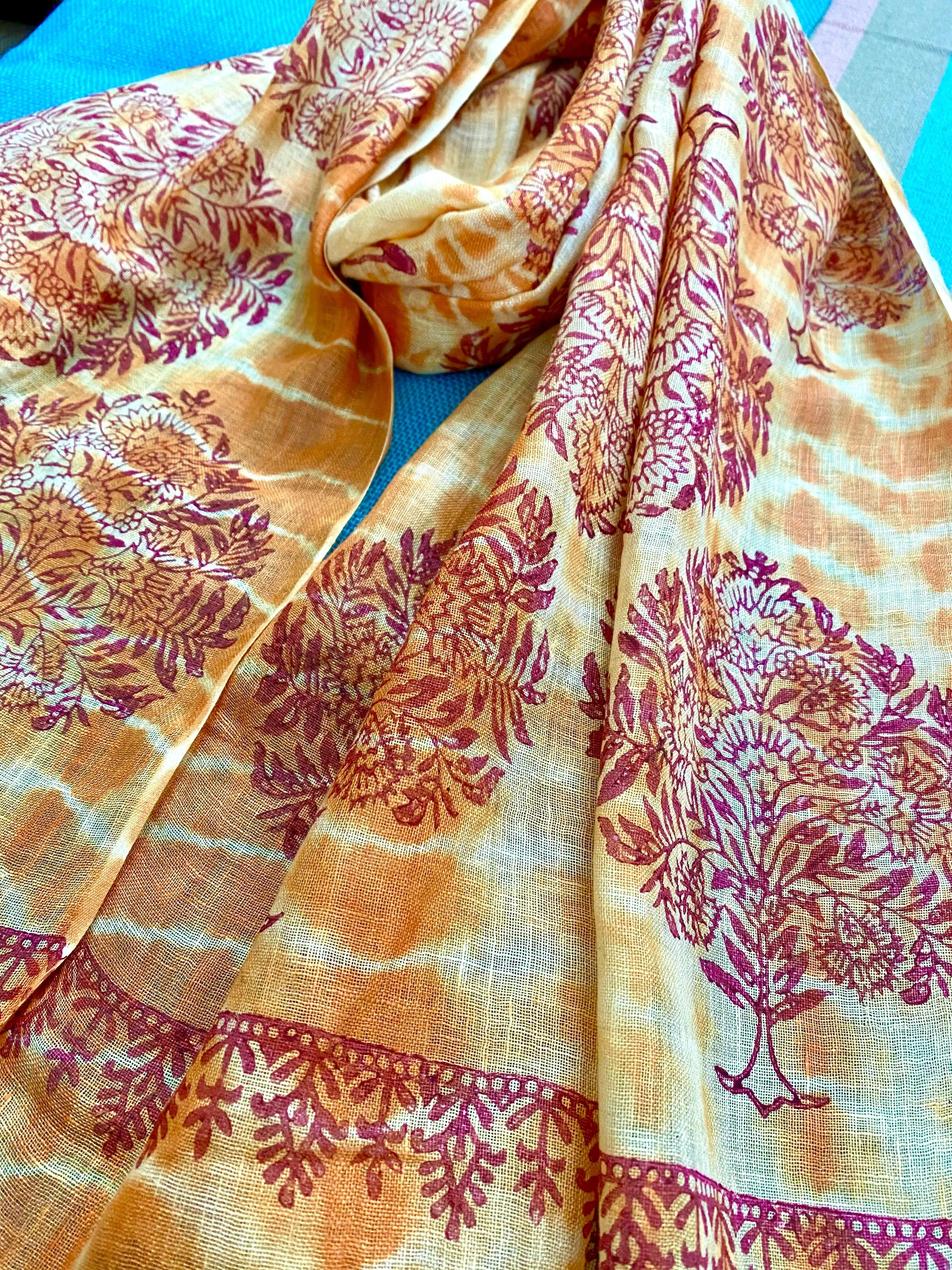 Orange Saga Block Printed Pure Linen Scarf