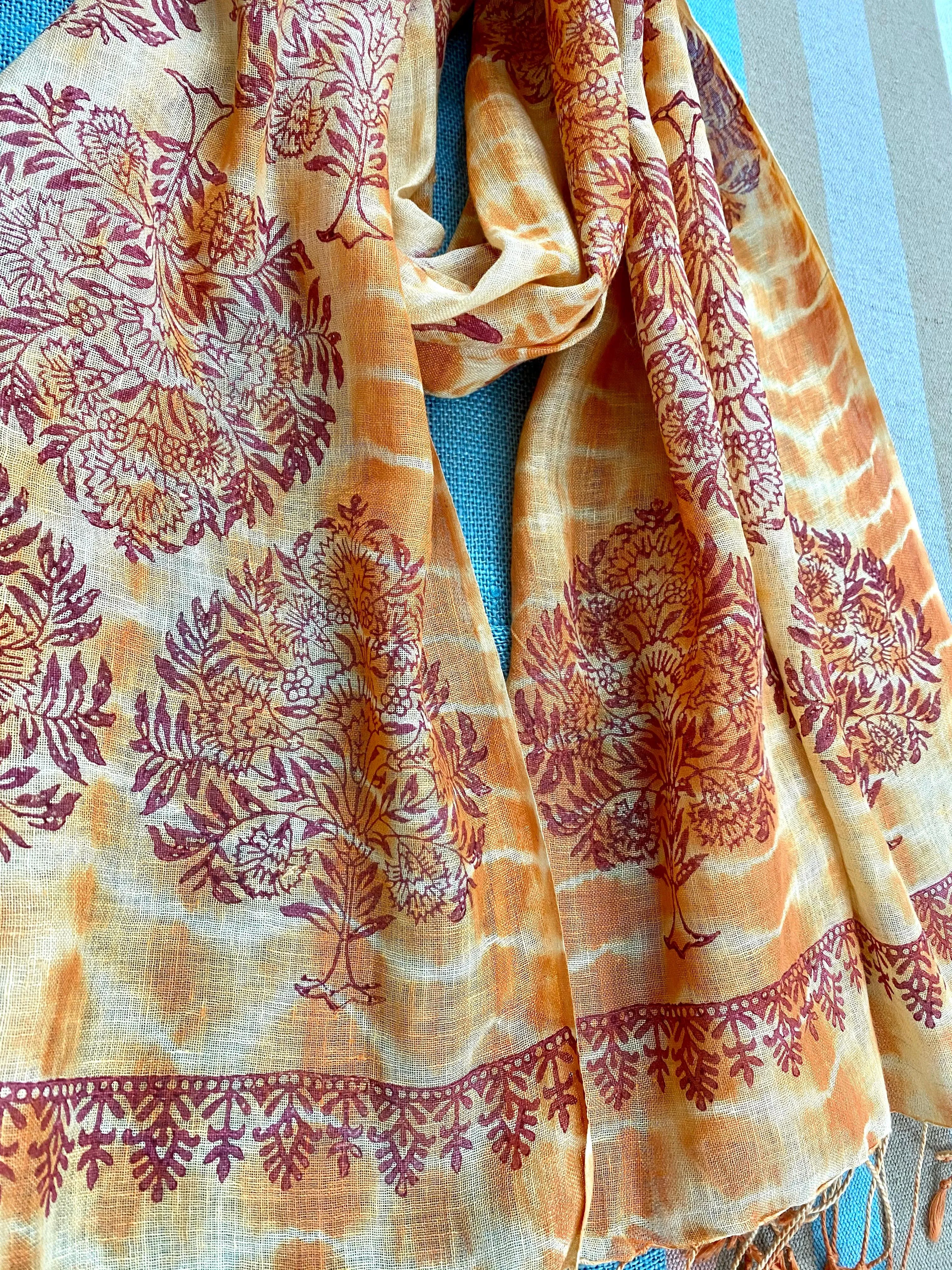 Orange Saga Block Printed Pure Linen Scarf