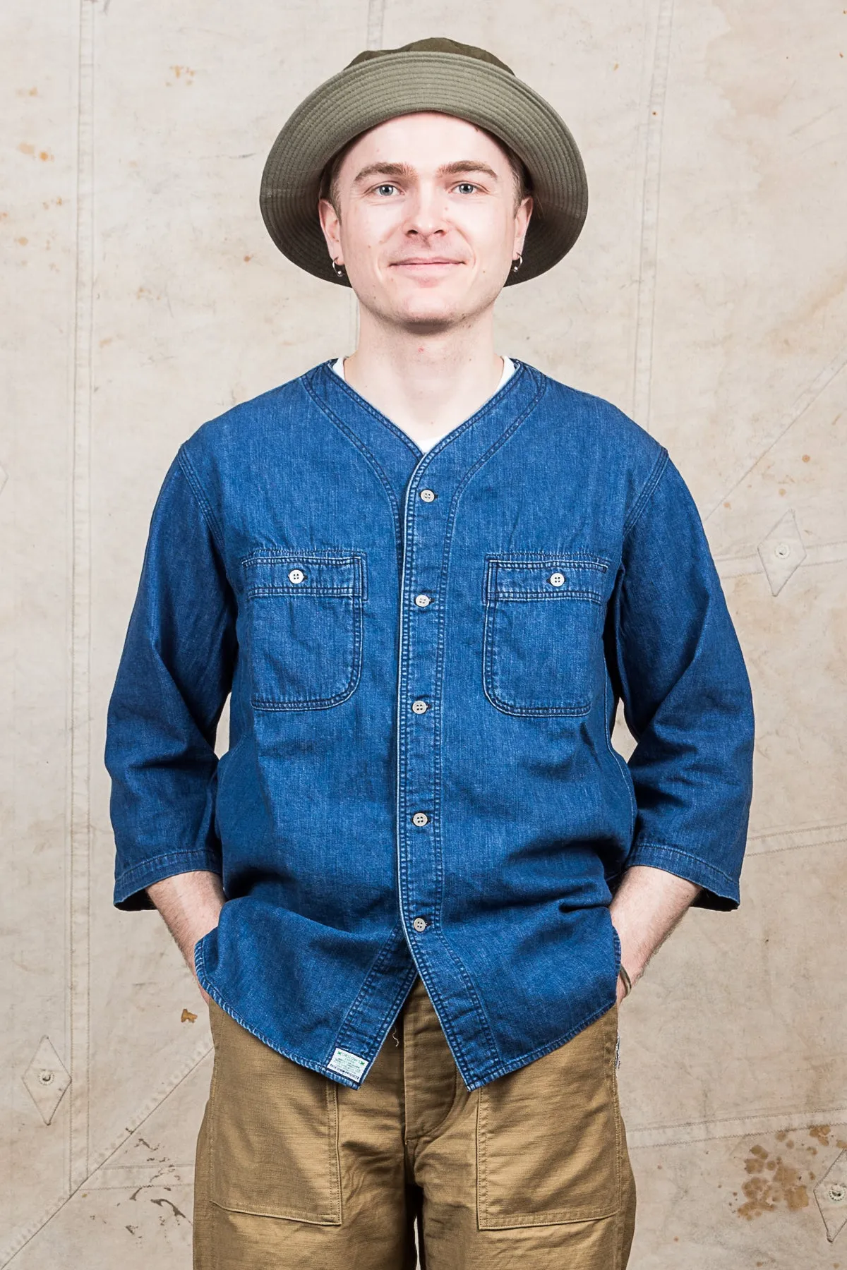 OrSlow No Collar 3/4 Sleeve Denim Shirt