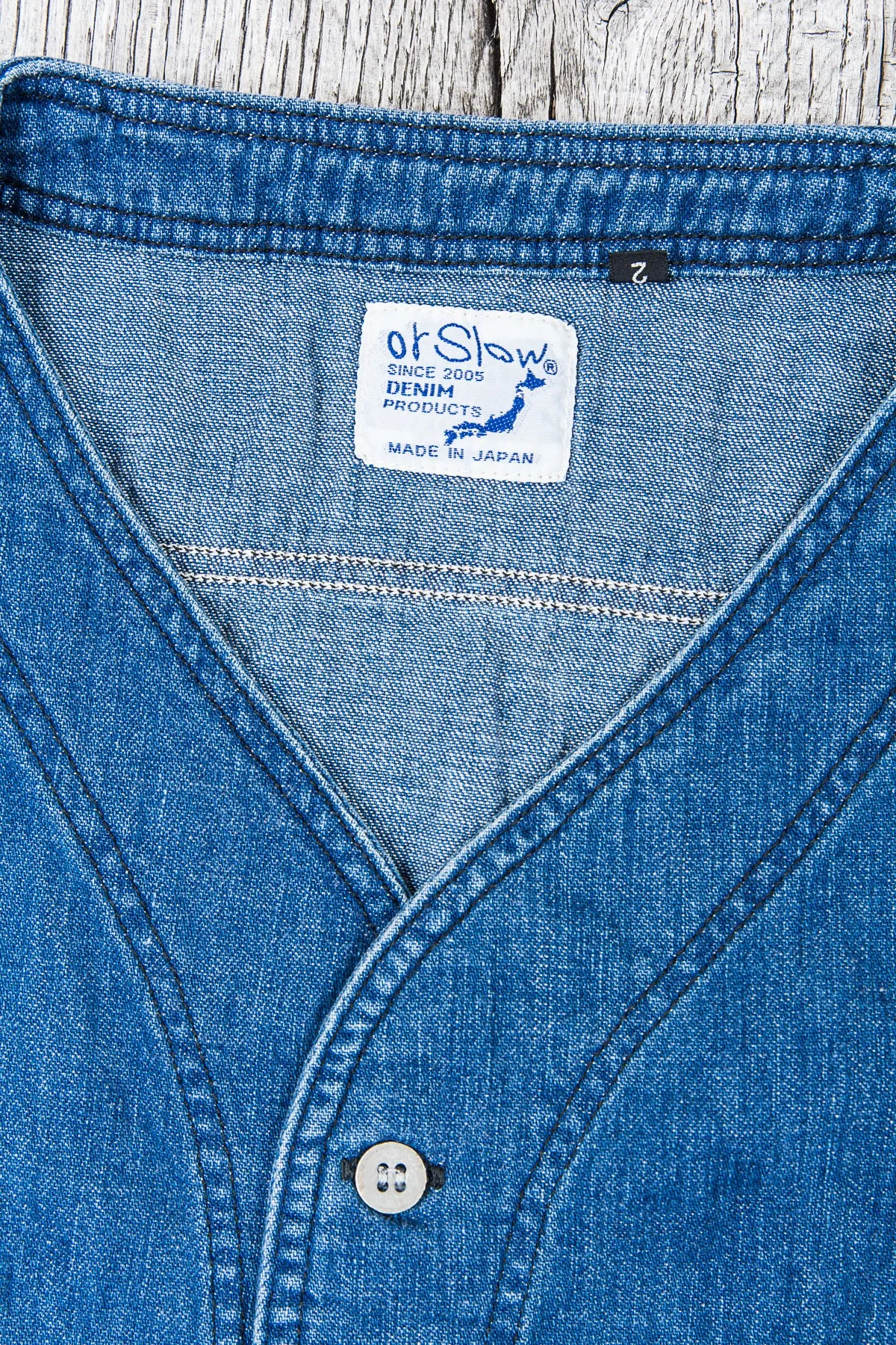 OrSlow No Collar 3/4 Sleeve Denim Shirt