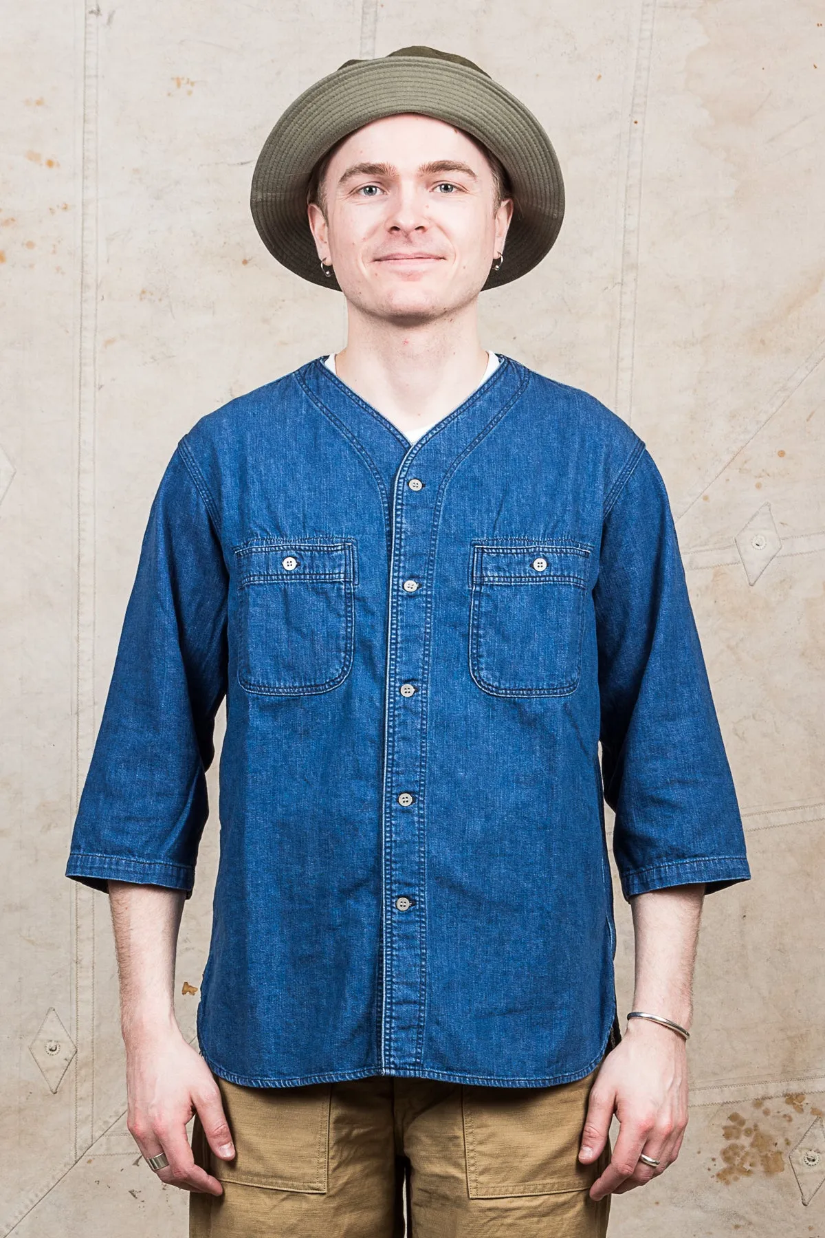 OrSlow No Collar 3/4 Sleeve Denim Shirt