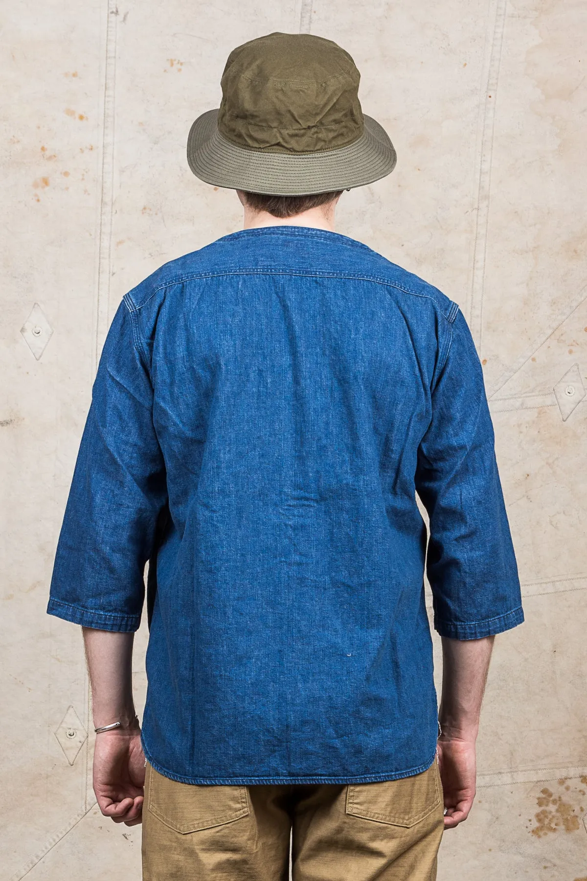 OrSlow No Collar 3/4 Sleeve Denim Shirt