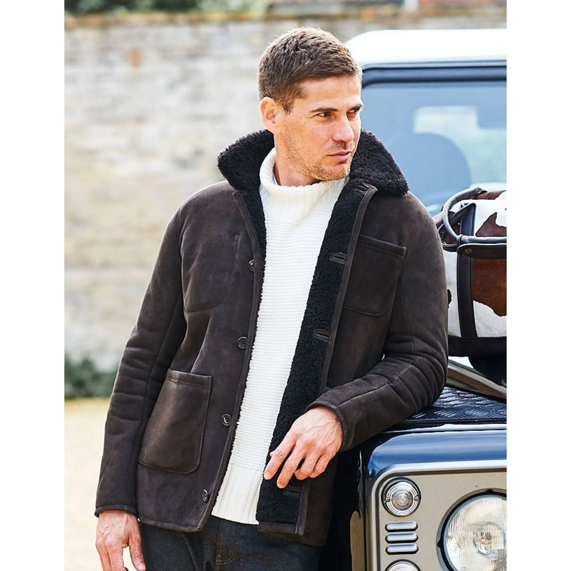 OWEN BARRY Cyrus Sheepskin Chore Jacket in Ebony/Brown