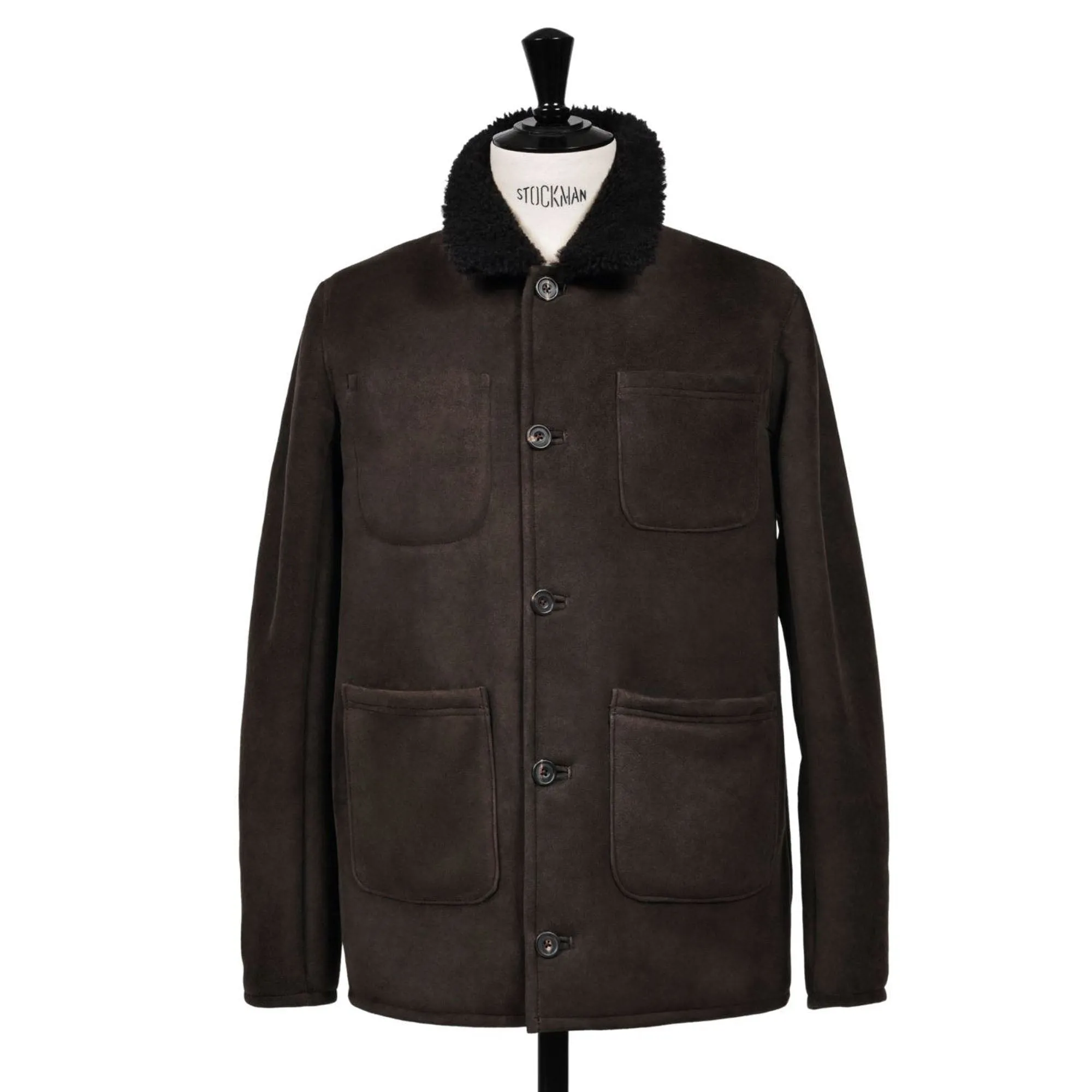 OWEN BARRY Cyrus Sheepskin Chore Jacket in Ebony/Brown