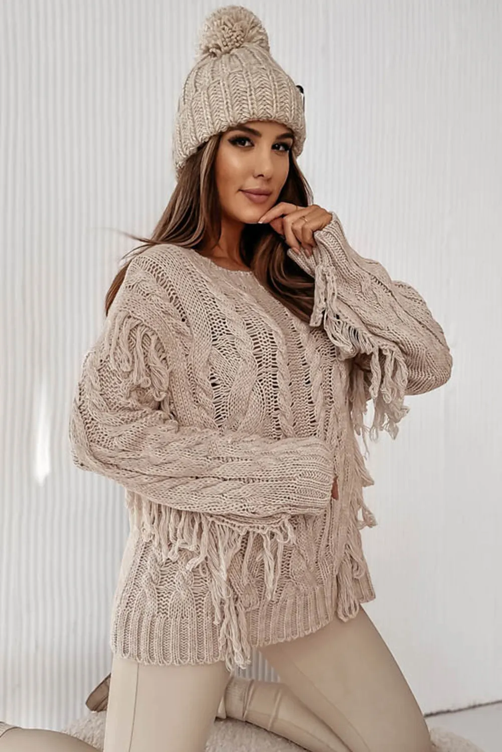 Parchment Tasseled Braided Knit Sweater