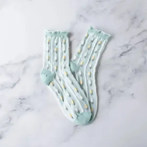 Pastel Color Floral Casual Socks in Mint