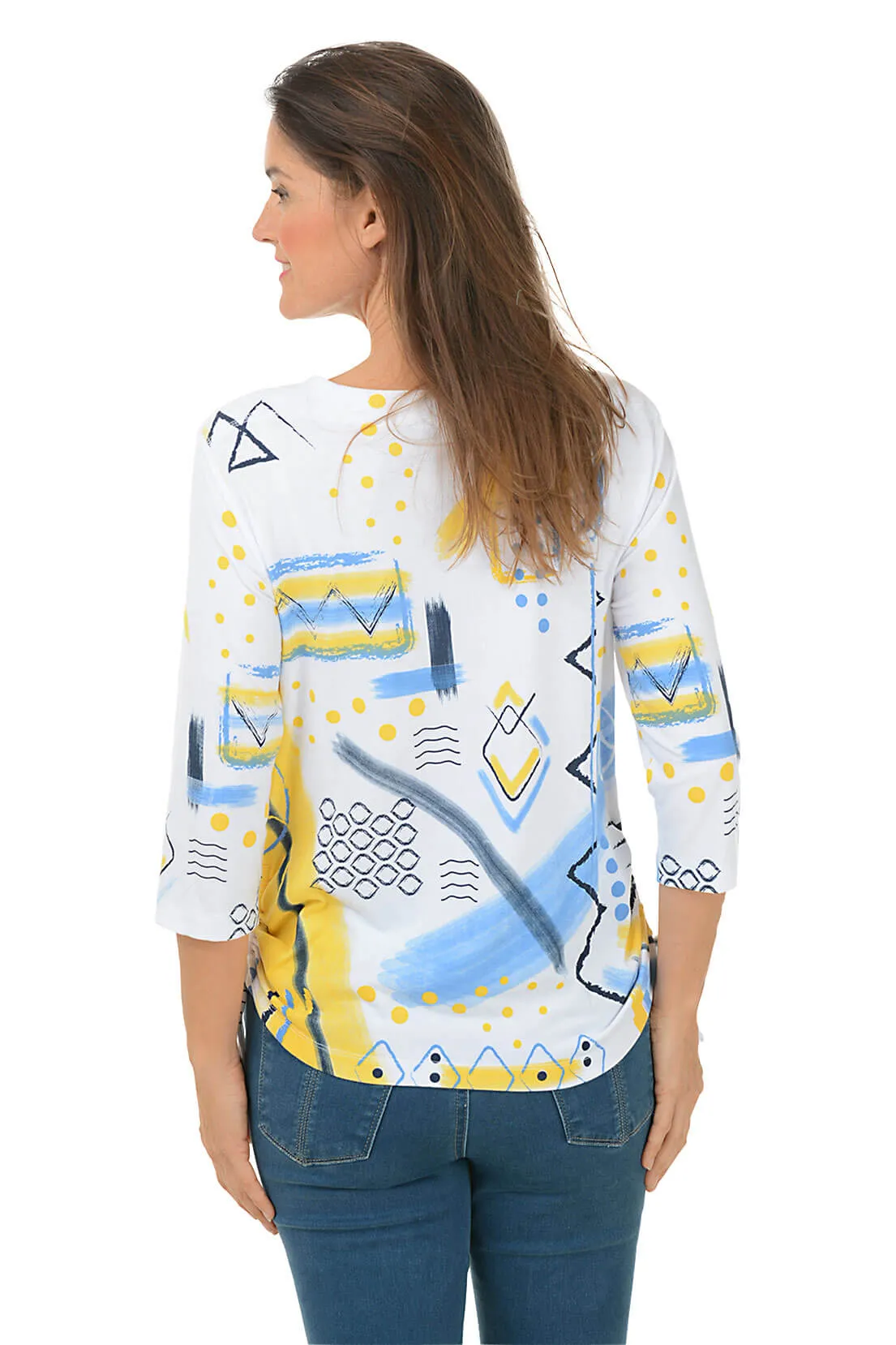 Petite Yellow Abstract Diamonds Side Shirred Top