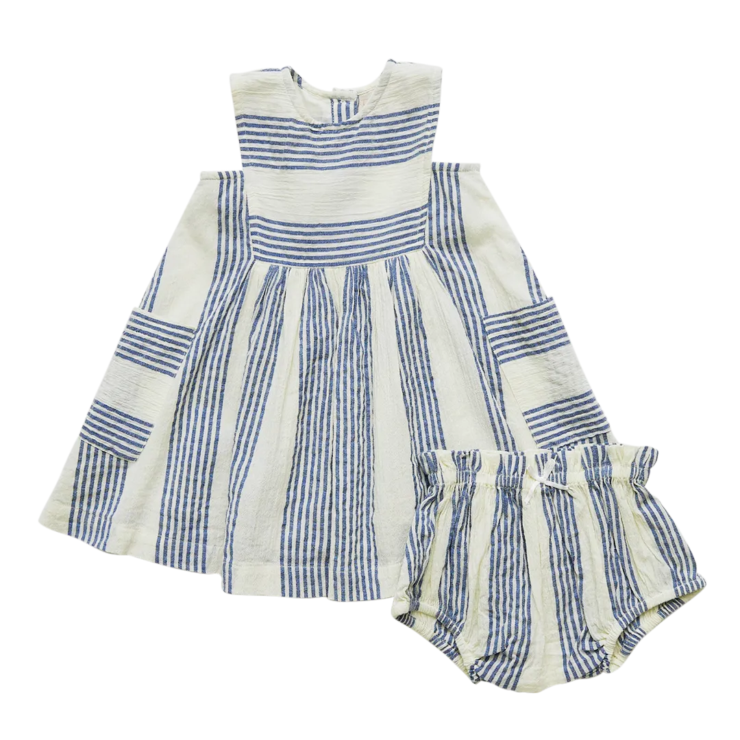 Pink Chicken Baby Courtina Dress Set - Antique White / Navy Column Stripe