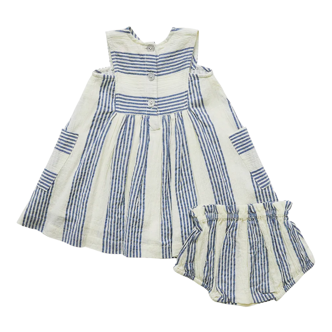 Pink Chicken Baby Courtina Dress Set - Antique White / Navy Column Stripe
