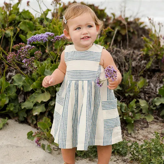 Pink Chicken Baby Courtina Dress Set - Antique White / Navy Column Stripe