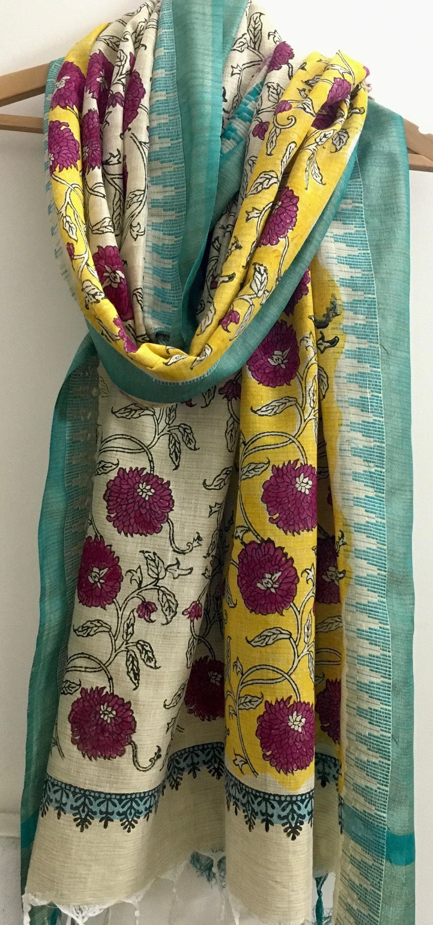 Pink Floral Block Printed Khadi Cotton Dupatta Scarf