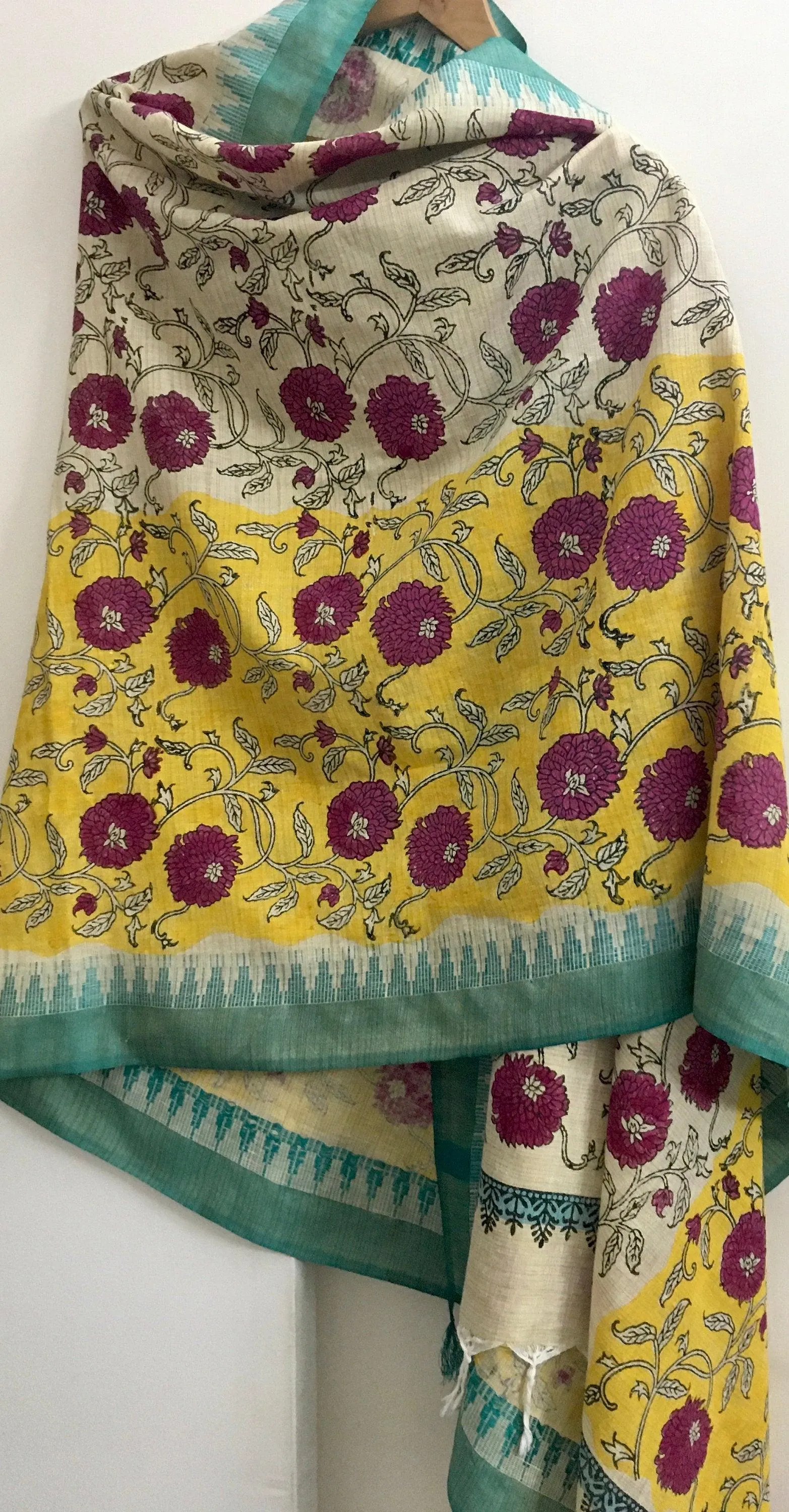 Pink Floral Block Printed Khadi Cotton Dupatta Scarf