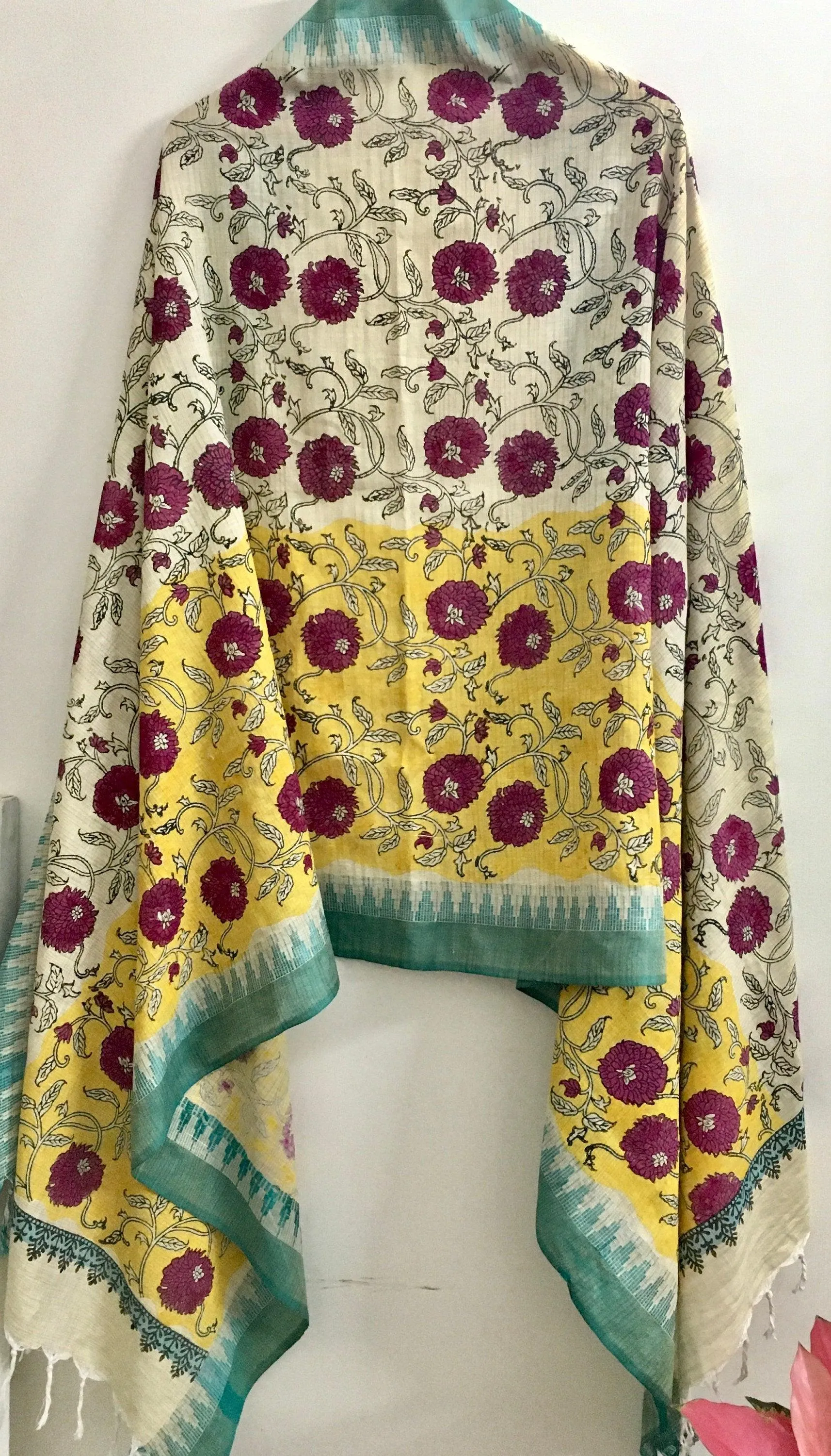 Pink Floral Block Printed Khadi Cotton Dupatta Scarf