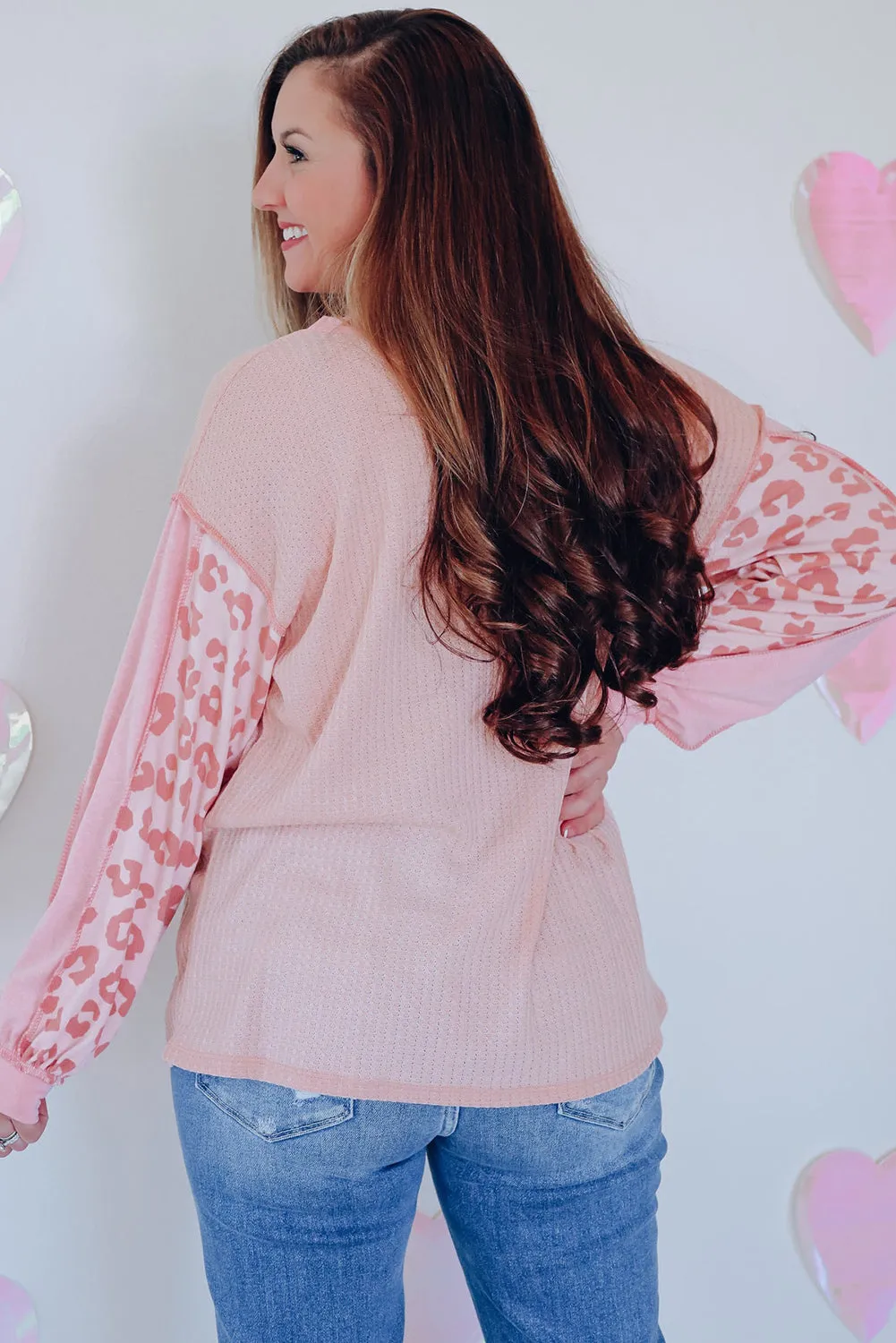 Pink Leopard Accent Seamed Waffle Knit Top
