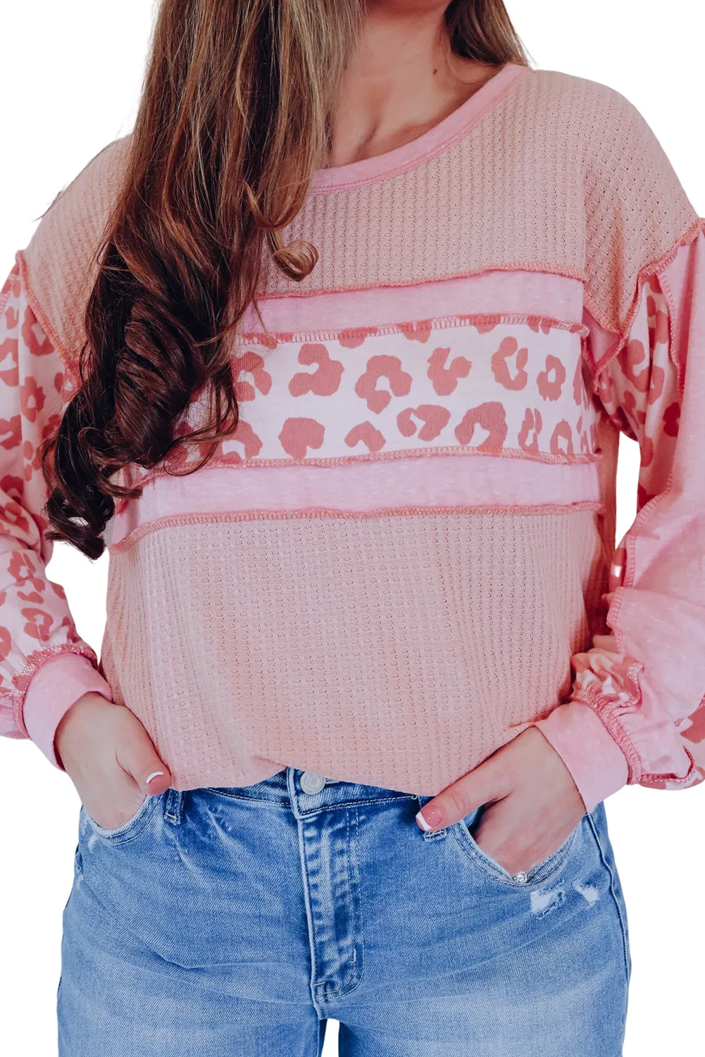 Pink Leopard Accent Seamed Waffle Knit Top
