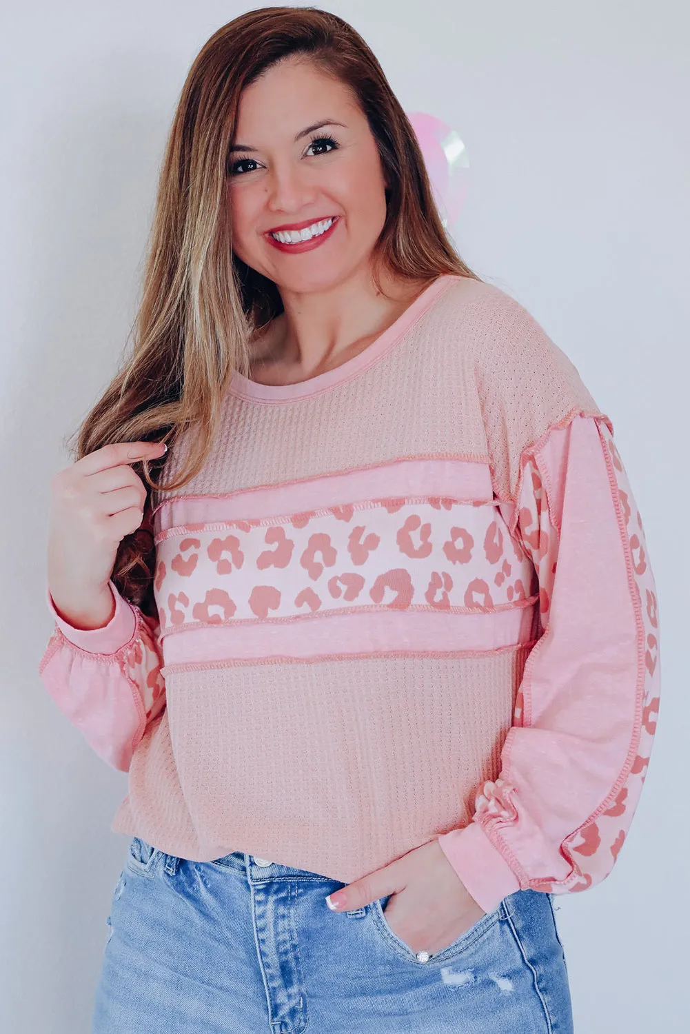 Pink Leopard Accent Seamed Waffle Knit Top