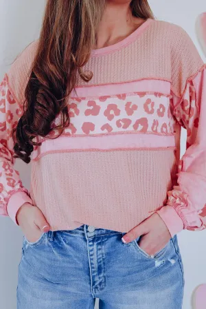 Pink Leopard Accent Seamed Waffle Knit Top