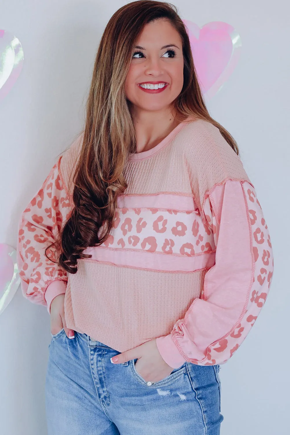 Pink Leopard Accent Seamed Waffle Knit Top