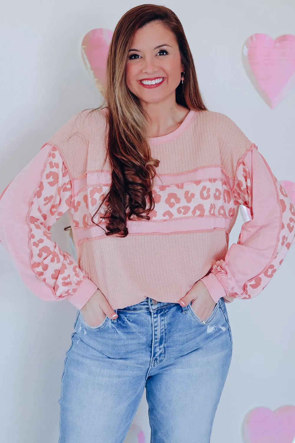 Pink Leopard Accent Seamed Waffle Knit Top