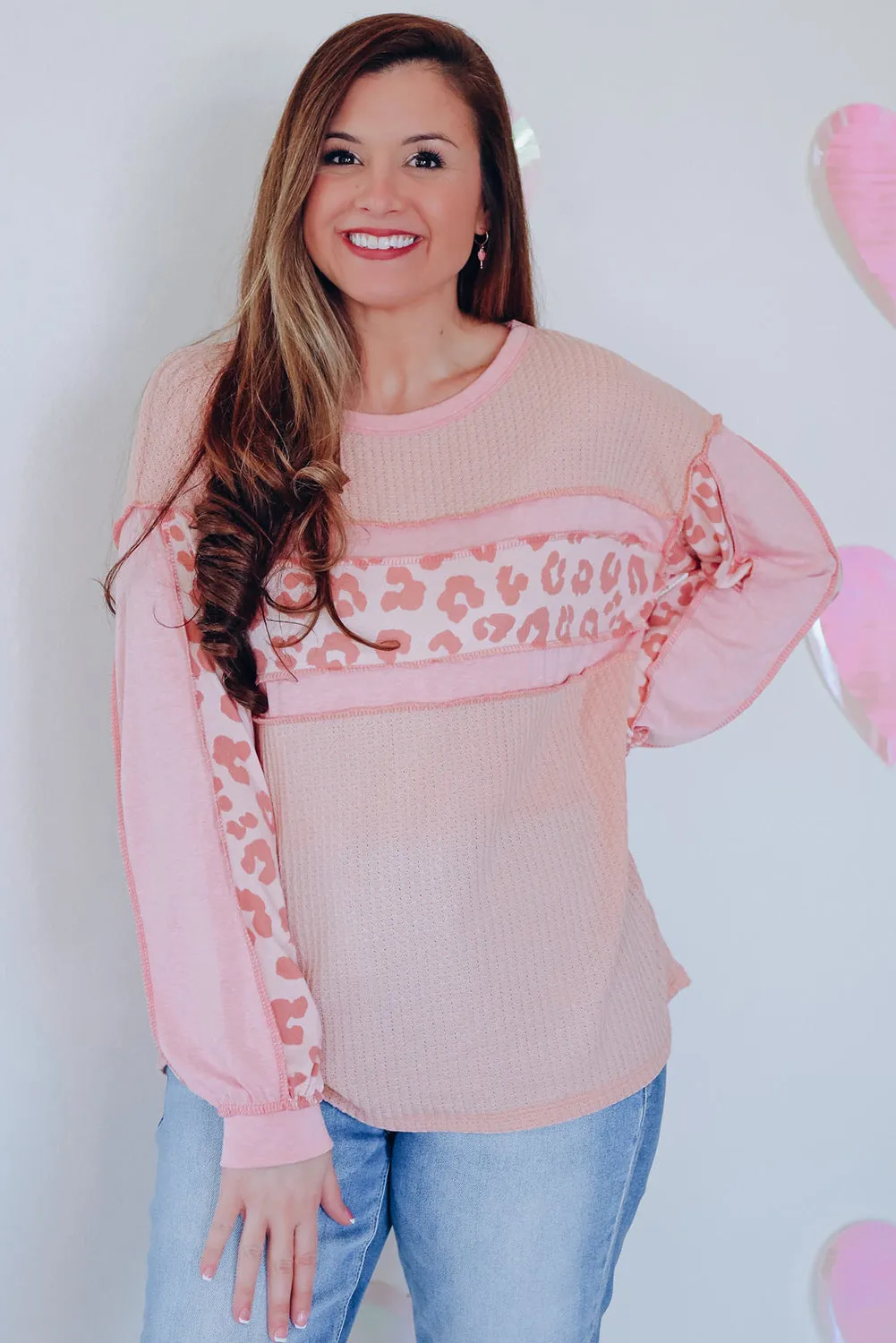 Pink Leopard Accent Seamed Waffle Knit Top