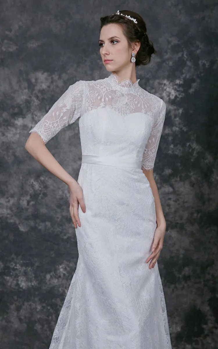 Pleated High Neckline Lace Long-Sleeve Gorgeous Long Dress-ZP_706272