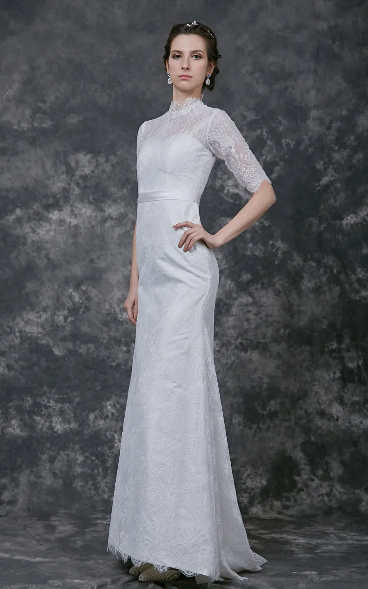 Pleated High Neckline Lace Long-Sleeve Gorgeous Long Dress-ZP_706272