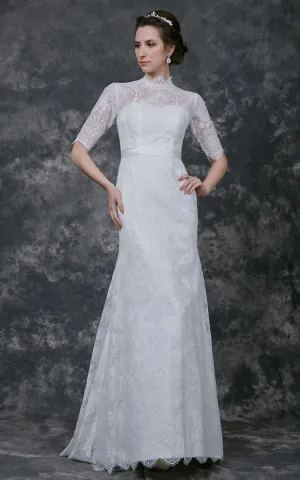 Pleated High Neckline Lace Long-Sleeve Gorgeous Long Dress-ZP_706272