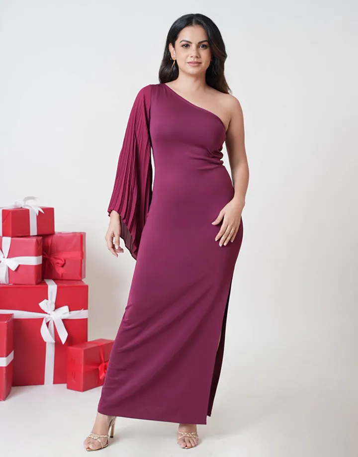 Pleated Sleeved One Shoulder Dress