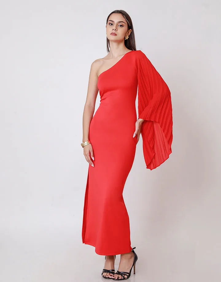 Pleated Sleeved One Shoulder Dress