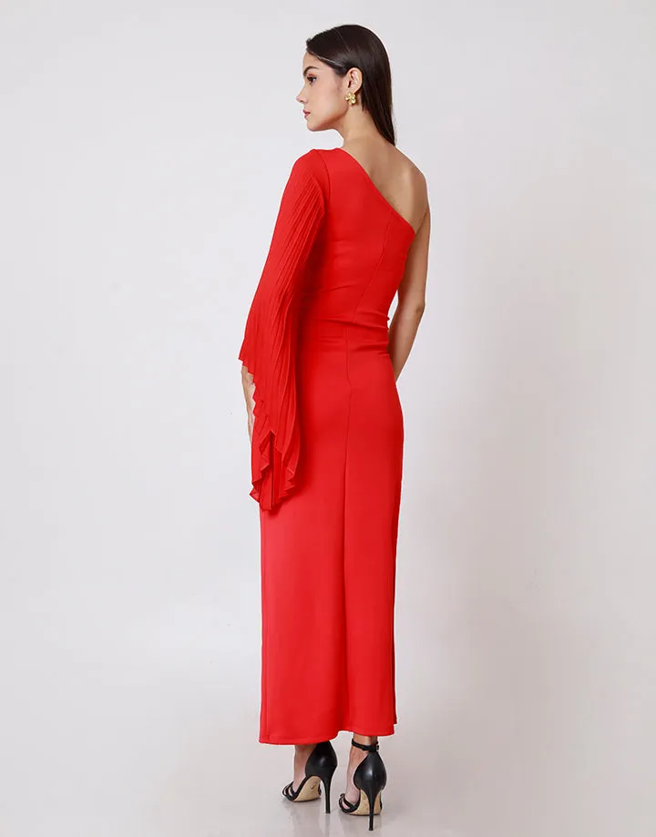 Pleated Sleeved One Shoulder Dress