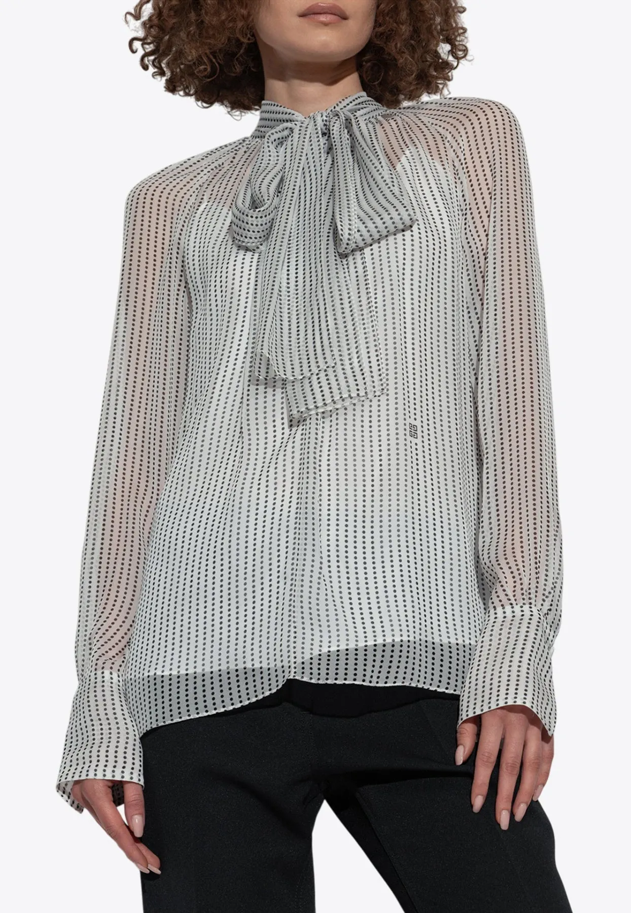 Polka Dot Sheer Blouse with Bow-Tie