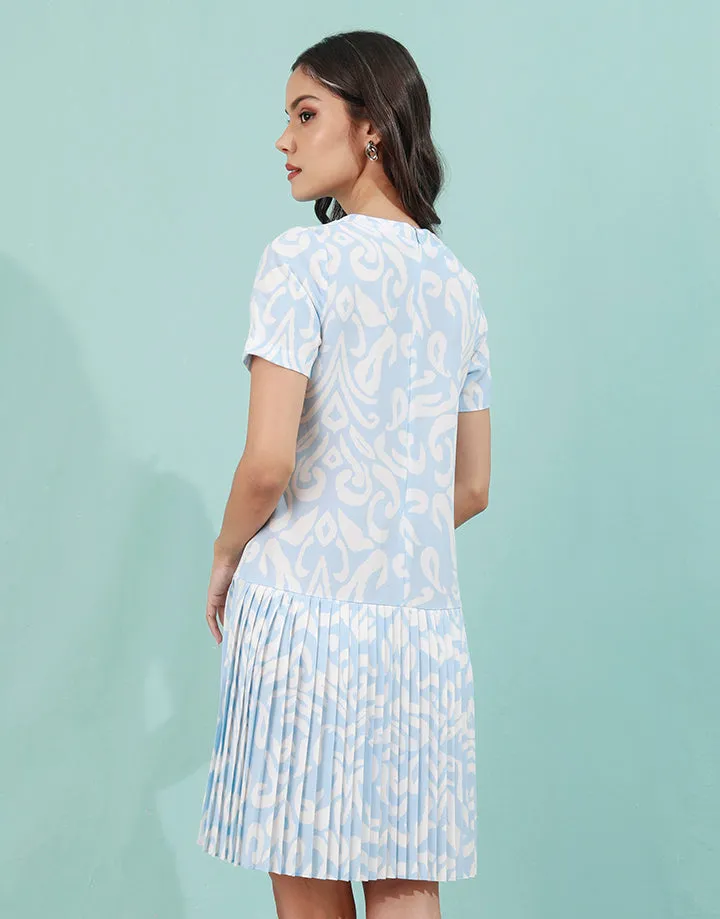 Printed Round Neck Waist Drop Dress