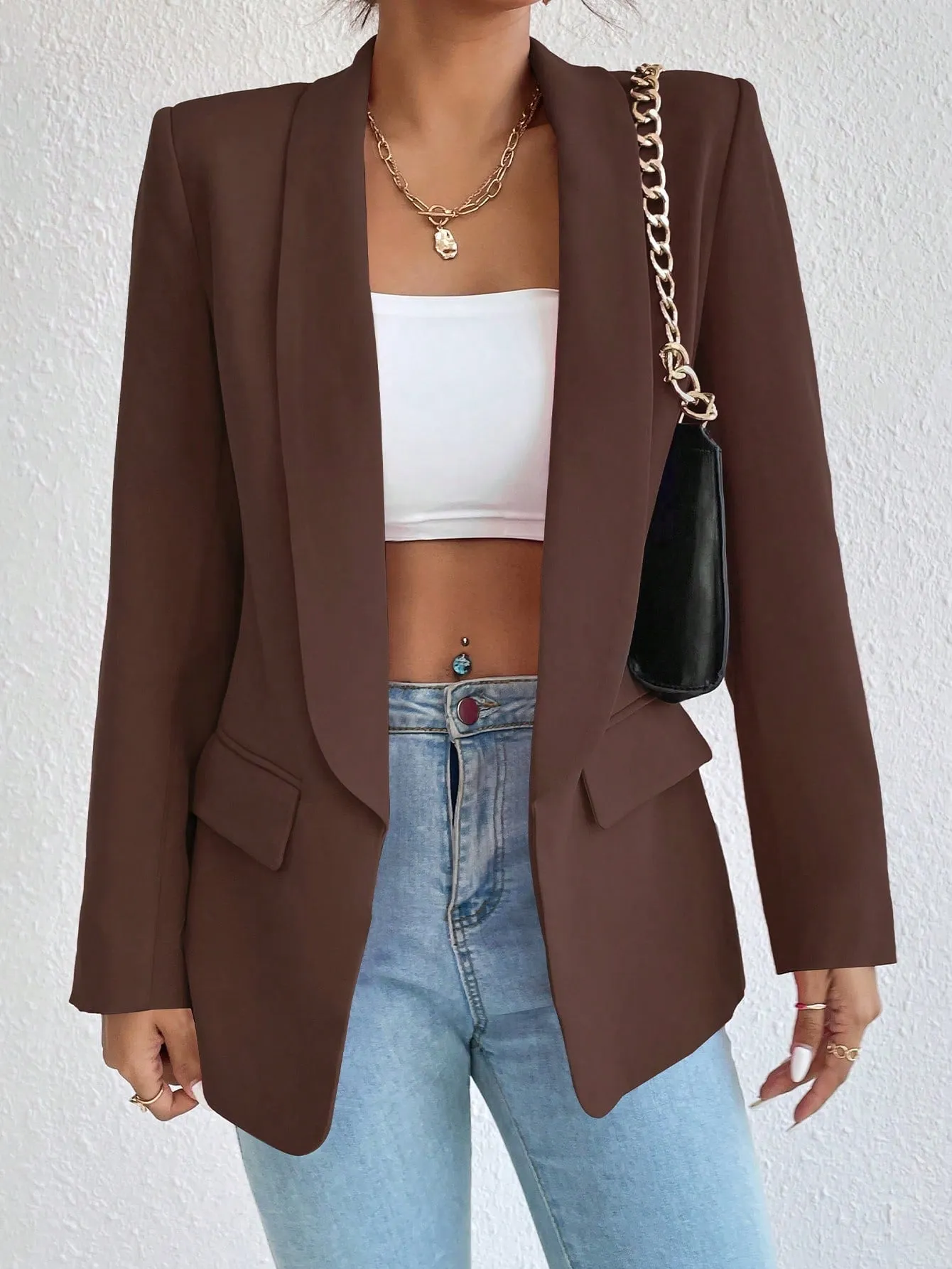 Privé 1pc Women Simple Commuter Shawl Collar Solid Color Blazer Jacket, Autumn
