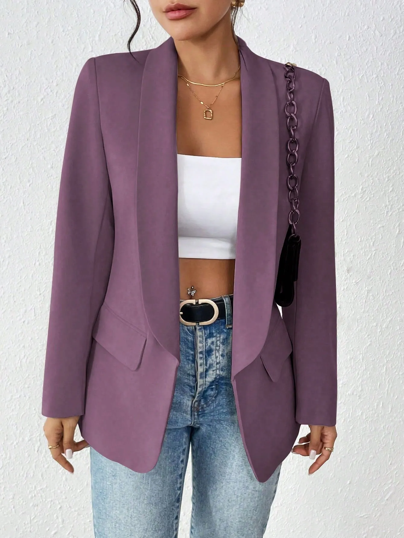Privé 1pc Women Simple Commuter Shawl Collar Solid Color Blazer Jacket, Autumn
