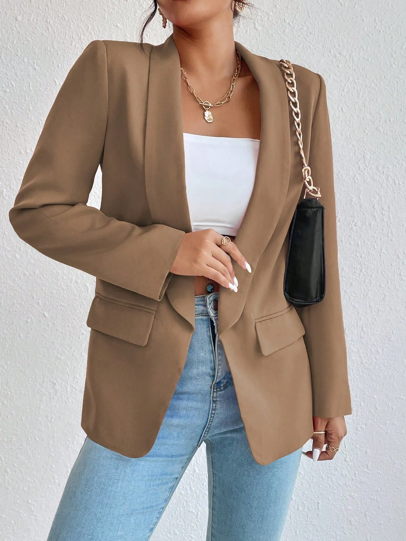 Privé 1pc Women Simple Commuter Shawl Collar Solid Color Blazer Jacket, Autumn
