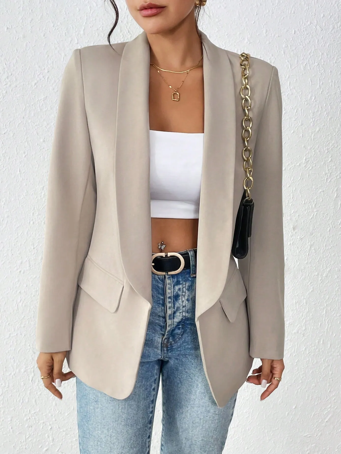 Privé 1pc Women Simple Commuter Shawl Collar Solid Color Blazer Jacket, Autumn
