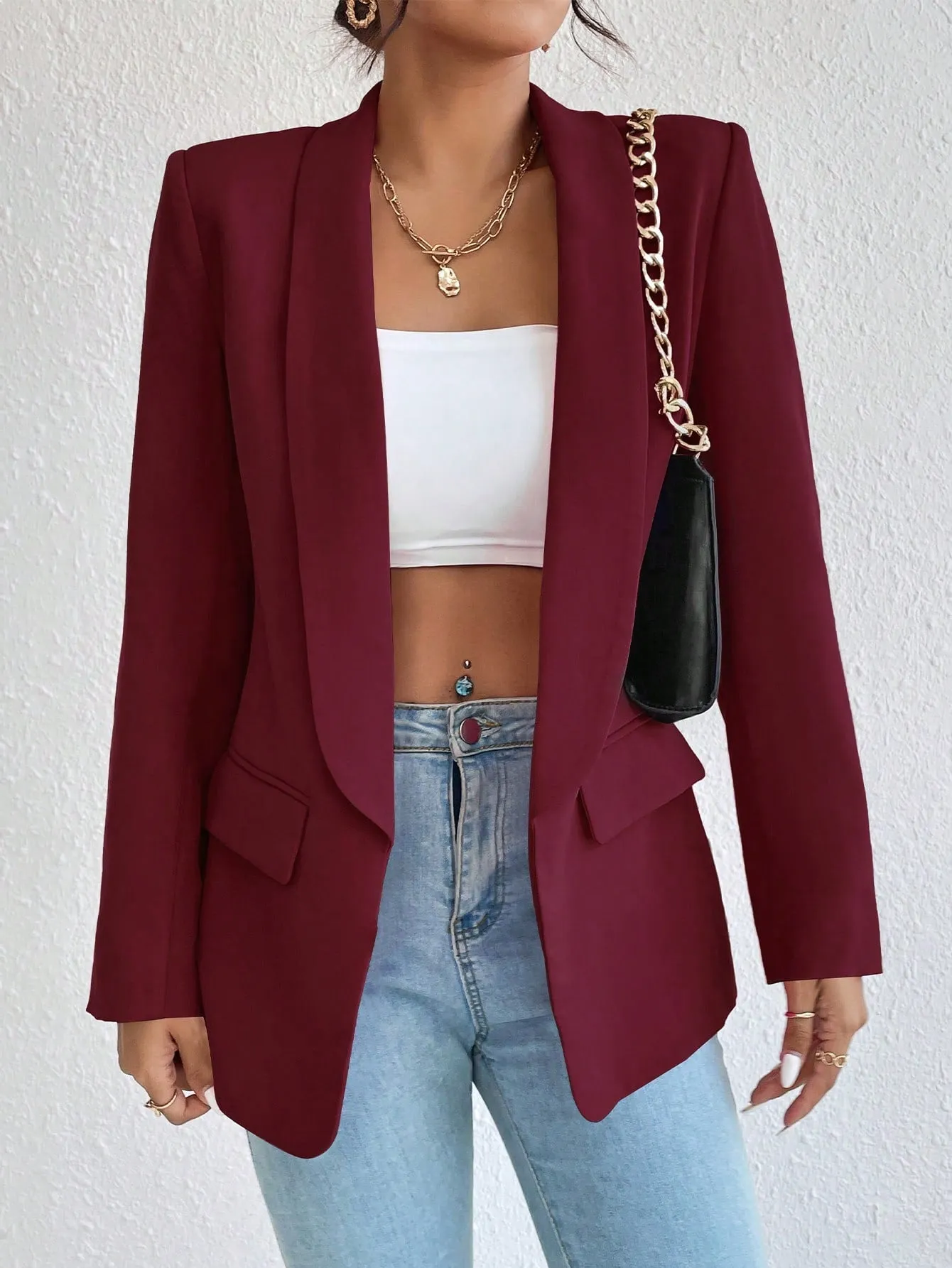 Privé 1pc Women Simple Commuter Shawl Collar Solid Color Blazer Jacket, Autumn